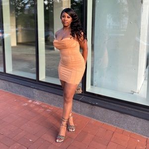 Oh Polly Mesh overlay, ruched mini dress in Tan